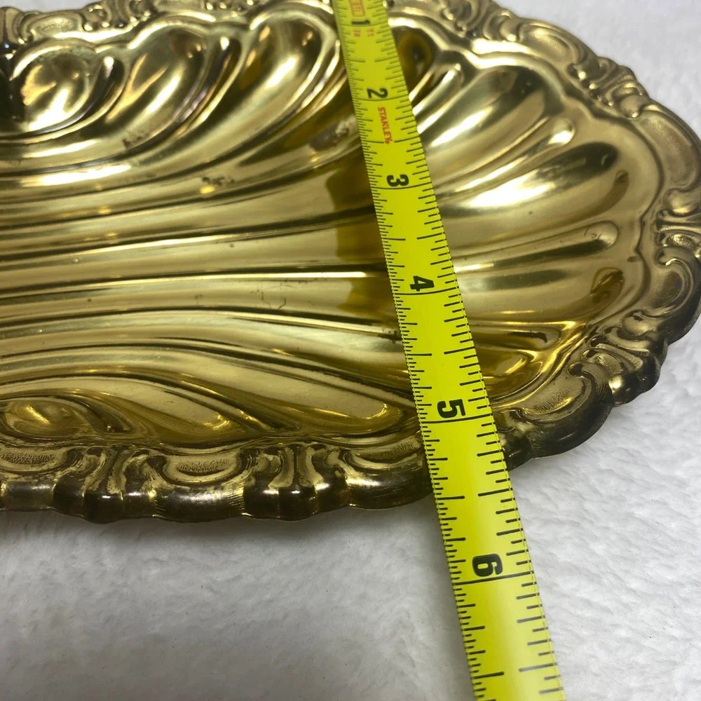 Vintage‎ Gold Tone Ornate Metal Trinket Dish Jewelry Serving Tray Vanity Decor